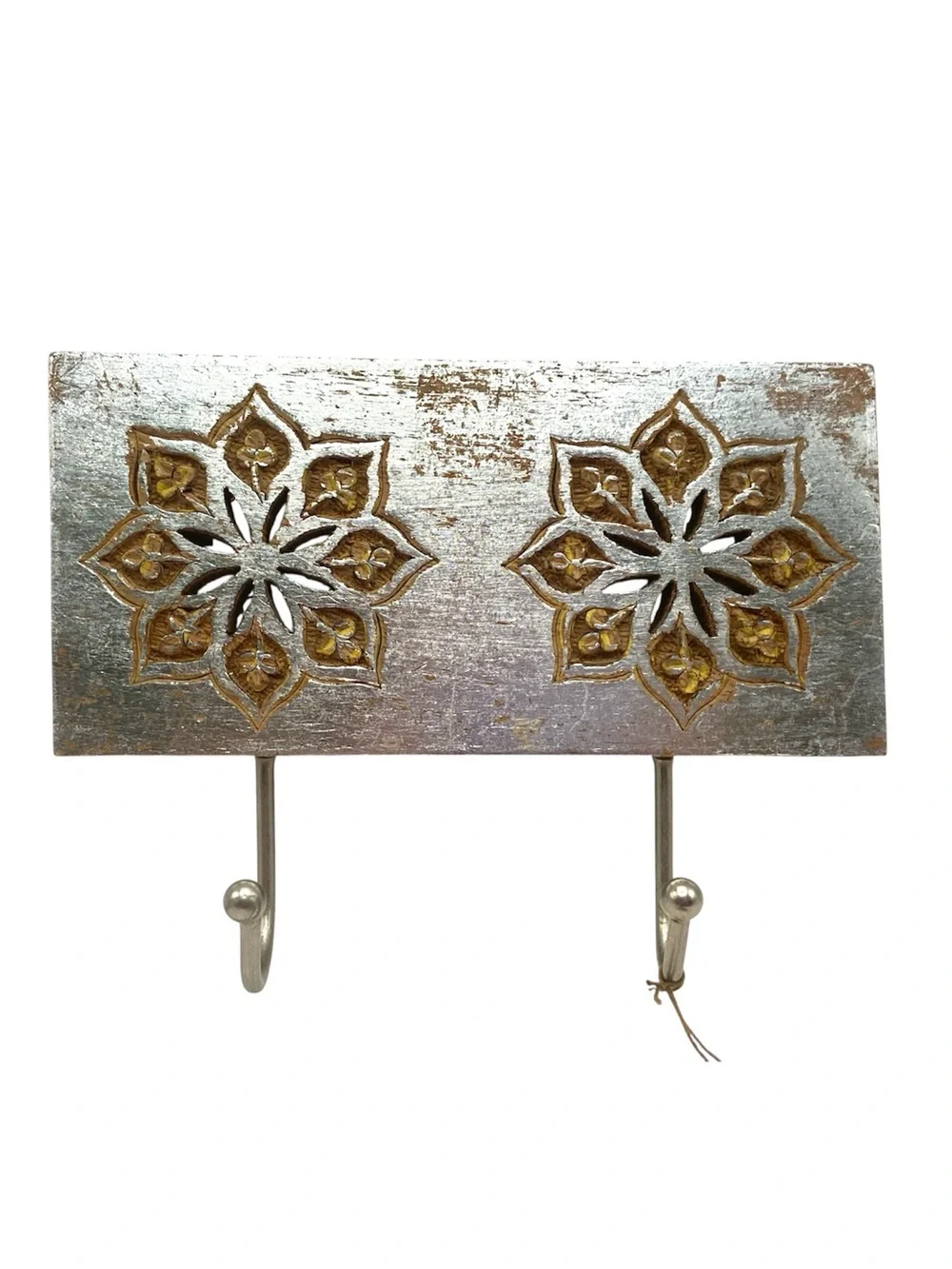 Handmade Silver Wood Wall Coat Rack 2 Hook Floral Carved Entryway NWT India Boho
